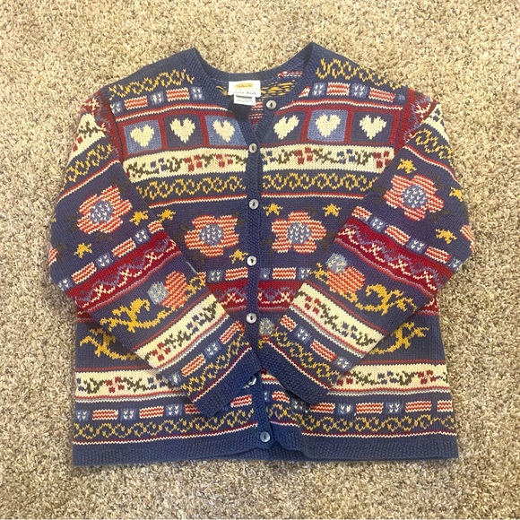 Talbots Sweaters - Talbots Americana Hearts Vintage 90s Linen Blend Hand Knit Cardigan Sweater
